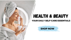 Woman in a bathrobe with a towel on her head, holding a bowl with text promoting health and beauty products.